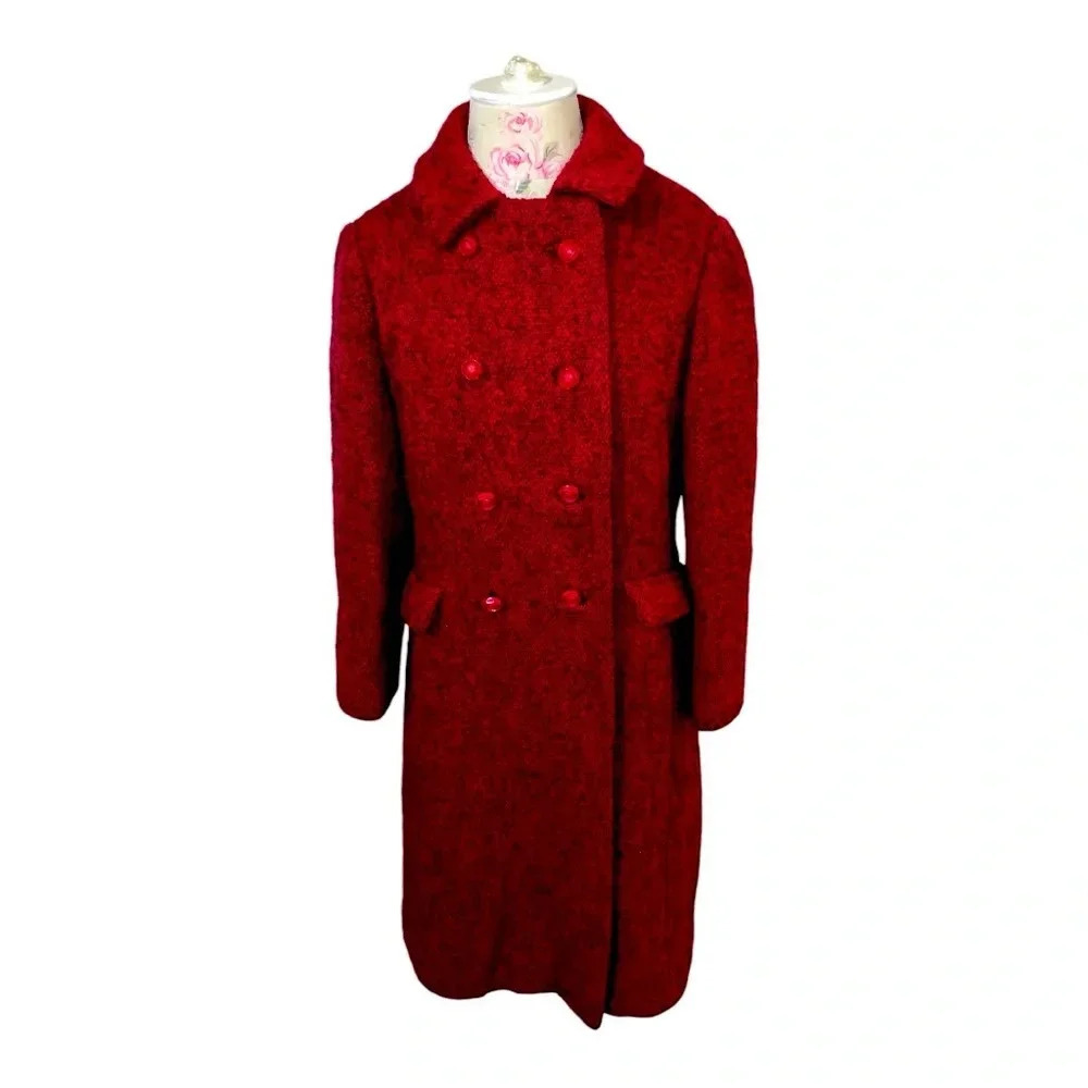 Rare Vintage 1960 Bromleigh NY Wool Boucle Deep 🍷 Double Breasted Coat SZ M